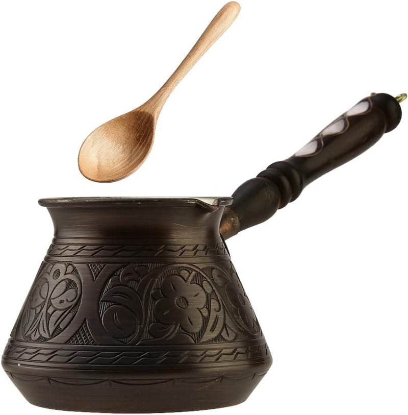DEMMEX 15 Oz Thickest Copper Turkish Greek Arabic Coffee Pot, Stovetop Coffee Maker, Cezve Ibrik Briki with Wooden Handle & Spoon, Hand Engraved (Antique Copper, 6 Servings) - Image 1