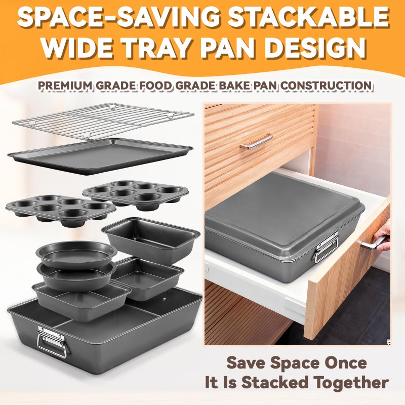 Gymdin 12PCS Nonstick Bakeware Set, Non-Toxic Carbon Steel Baking Pans Set with Wider Grip, Includes Roasting Pan, Cookie Sheet, Cake Pans, Muffin Pans, Cooling Rack, Oven Mitts, Easy Release - Image 1