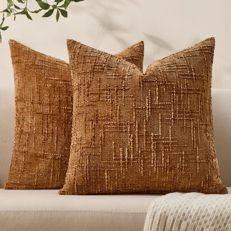 Allorry Fall Decorative Couch Throw Pillow Covers 18x18 Set of 2 Rust Soft Chenille Pillow Covers Neutral Textured Boho Cushion Covers for Modern Farmhouse Sofa Bedroom Living Room Decor SY008-B18 - Image 1