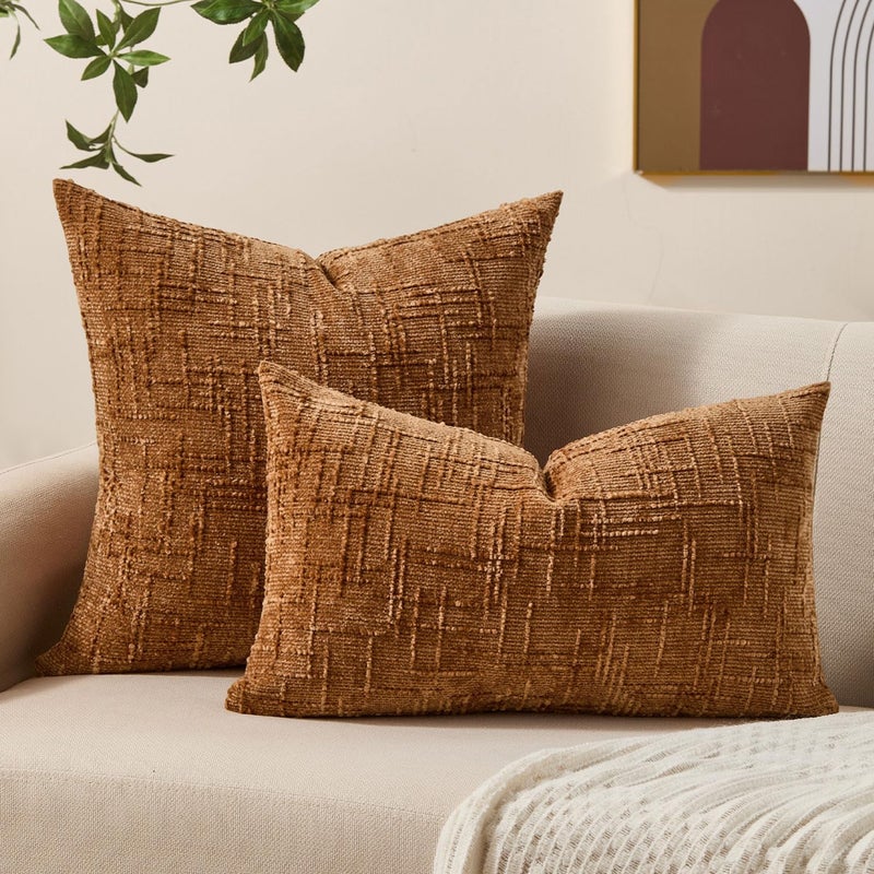 Allorry Fall Decorative Couch Throw Pillow Covers 18x18 Set of 2 Rust Soft Chenille Pillow Covers Neutral Textured Boho Cushion Covers for Modern Farmhouse Sofa Bedroom Living Room Decor SY008-B18 - Image 4