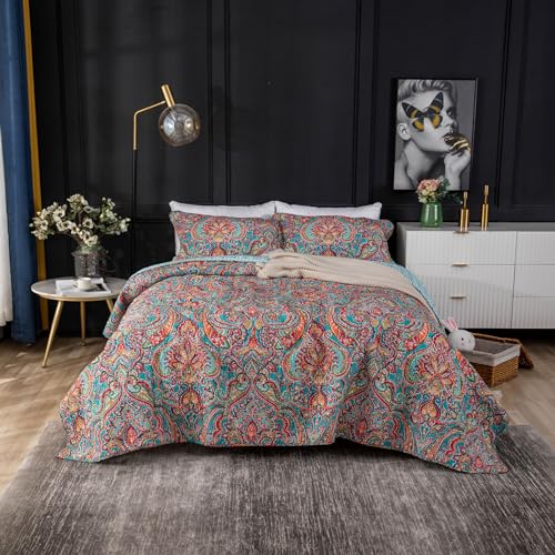 YASMENG 100 Cotton Boho Quilt Set Full Queen Size Colorful Gorgeous Paisley Mandala Floral Reversible Quilted Bedding Bohemian Vibrant Exotic Soft Breathable Bedspread Coverlet Set for All Seasons - Image 1