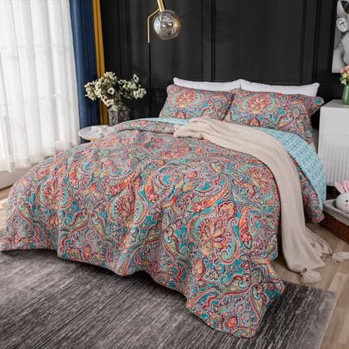 YASMENG 100 Cotton Boho Quilt Set Full Queen Size Colorful Gorgeous Paisley Mandala Floral Reversible Quilted Bedding Bohemian Vibrant Exotic Soft Breathable Bedspread Coverlet Set for All Seasons - Image 3