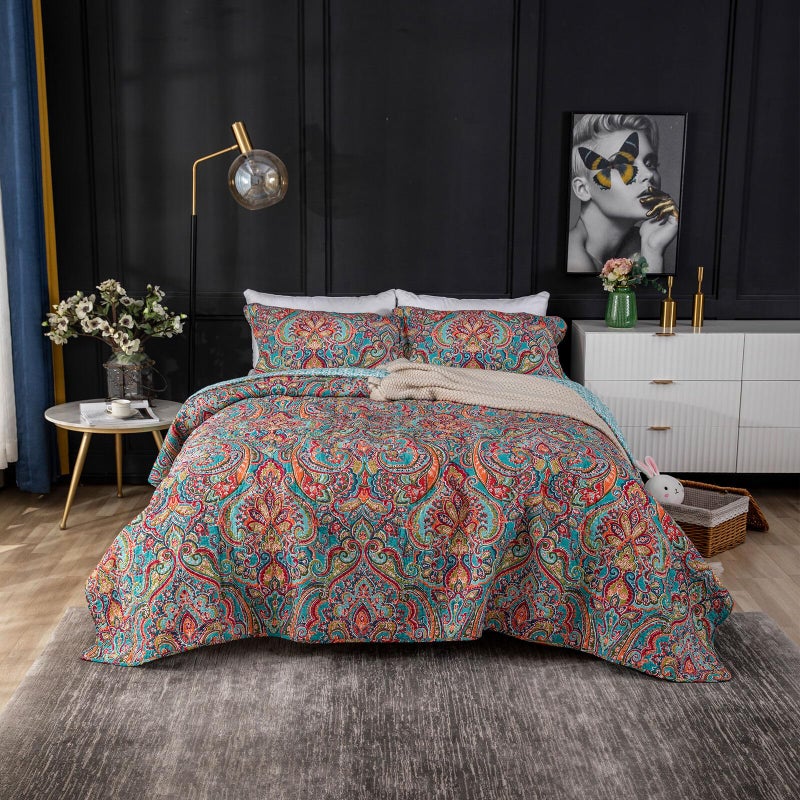 YASMENG 100 Cotton Boho Quilt Set Full Queen Size Colorful Gorgeous Paisley Mandala Floral Reversible Quilted Bedding Bohemian Vibrant Exotic Soft Breathable Bedspread Coverlet Set for All Seasons - Image 2