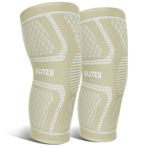 BLITZU Knee Compression Sleeves (1 Pair) – Support for Running, Joint Pain, Arthritis, Injury Recovery – Men & Women Beige L - Image 1