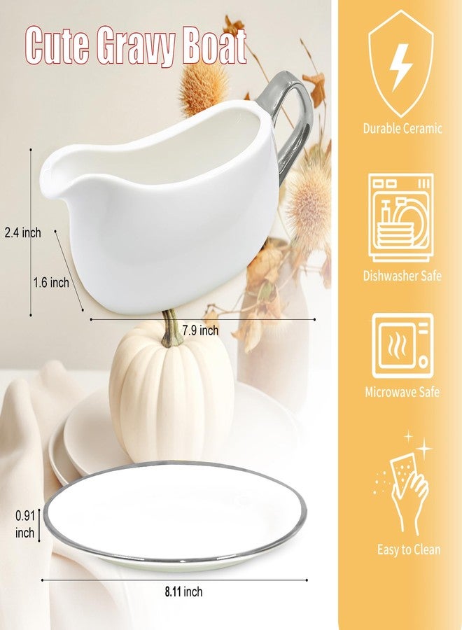Nexboraque 14 oz Gravy Boat with Tray and Trim, Ceramic Sauce Boat with Silver Trim Ergonomic Handle and Dripless Lip Spout for Salad Dressings - Image 2