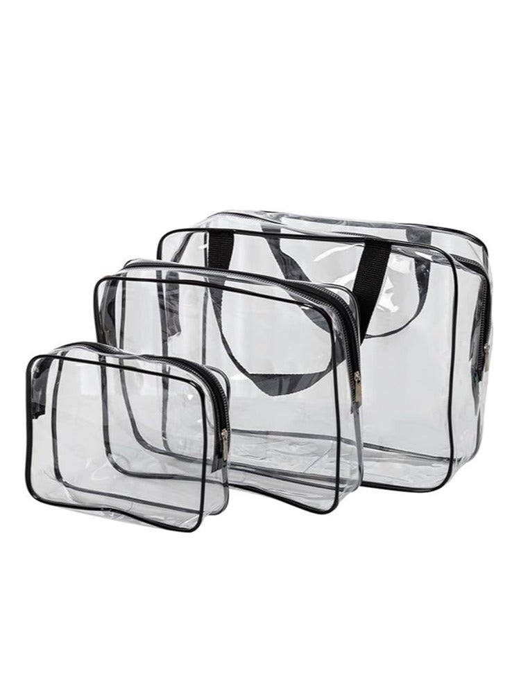 ECVV 3 قطع من حقائب المكياج الشفافة للسفر، حقيبة مستحضرات تجميل شفافة مقاومة للماء مع سحاب إغلاق ومقبض، حقيبة أدوات الزينة للنساء والرجال، باللون الأسود - Image 1