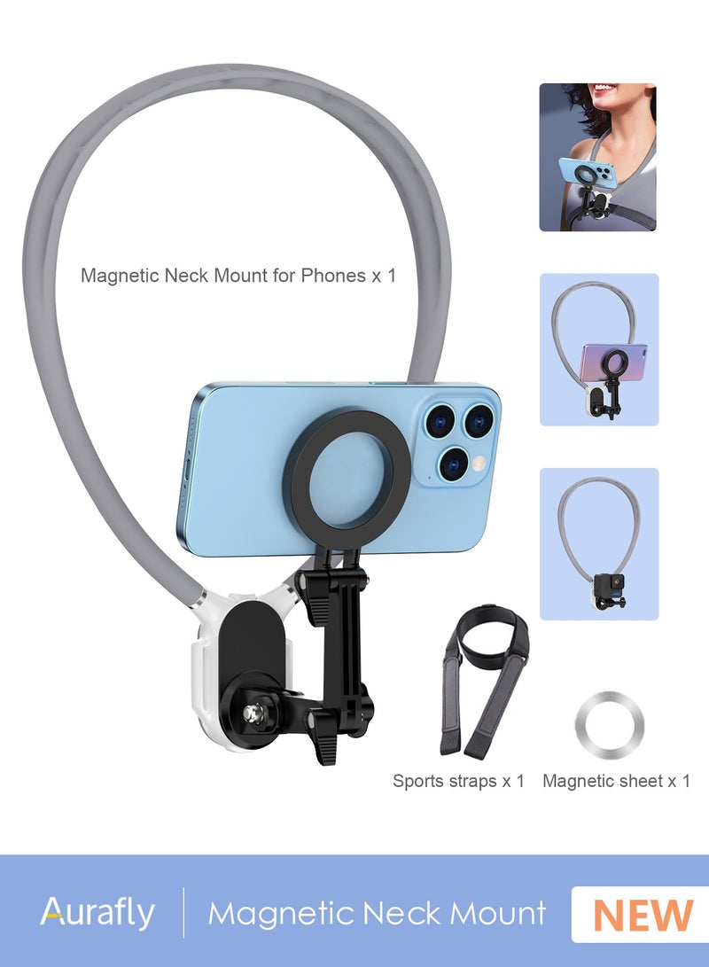 أورافلي حامل هاتف مغناطيسي للرقبة، حامل للهاتف الخلوي حول الرقبة، حامل POV/Vlog Selfie للهواتف بدون استخدام اليدين، حامل للرقبة لتسجيل الفيديو، حامل على الصدر لهاتف iPhone 15 14 13 12 Pro Max Plus Mini Series Android (رمادي) - Image 1