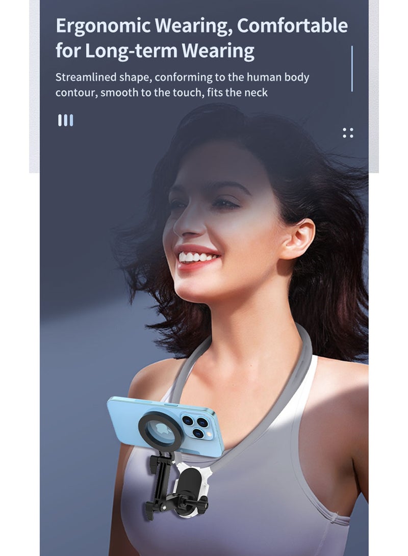 أورافلي حامل هاتف مغناطيسي للرقبة، حامل للهاتف الخلوي حول الرقبة، حامل POV/Vlog Selfie للهواتف بدون استخدام اليدين، حامل للرقبة لتسجيل الفيديو، حامل على الصدر لهاتف iPhone 15 14 13 12 Pro Max Plus Mini Series Android (رمادي) - Image 2