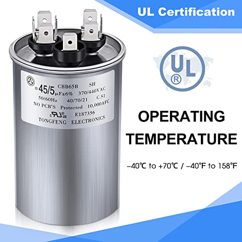 Frienda 45+5 MFD 45/5 uf ±6% 370V or 440V VAC Dual Run Round Capacitor, 45 5 Start Capacitor for AC Air Conditioning Unit, Condenser Straight Cool or Heat Pump - Image 5