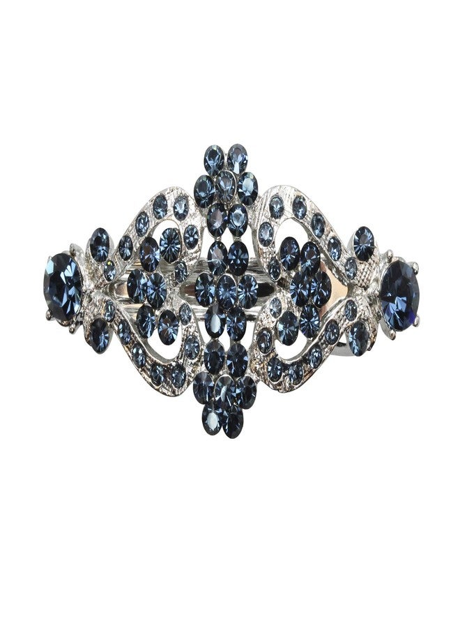 Faship Navy Blue Rhinestone Crystal Floral Double Hearts Hair Barrette Clip - Image 1