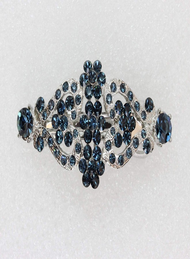 Faship Navy Blue Rhinestone Crystal Floral Double Hearts Hair Barrette Clip - Image 2