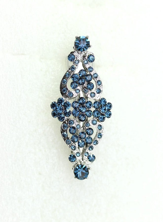 Faship Navy Blue Rhinestone Crystal Floral Double Hearts Hair Barrette Clip - Image 3