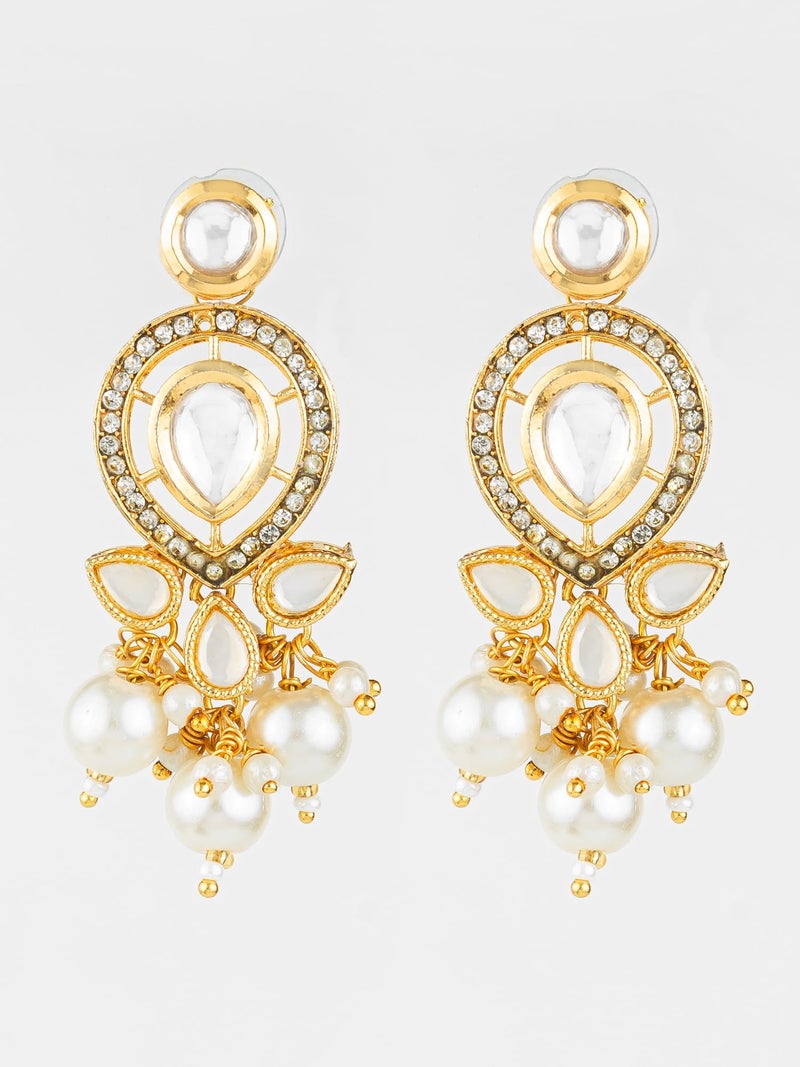 Bevogue Traditional Kundan Pearl Drop Earrings | Gold Plated Ethnic Chandbali Earrings for Women and Girls | White Stone & Pearl Dangler Jewellery | Lightweight Brass Stud Earrings (ER4123) - Image 4