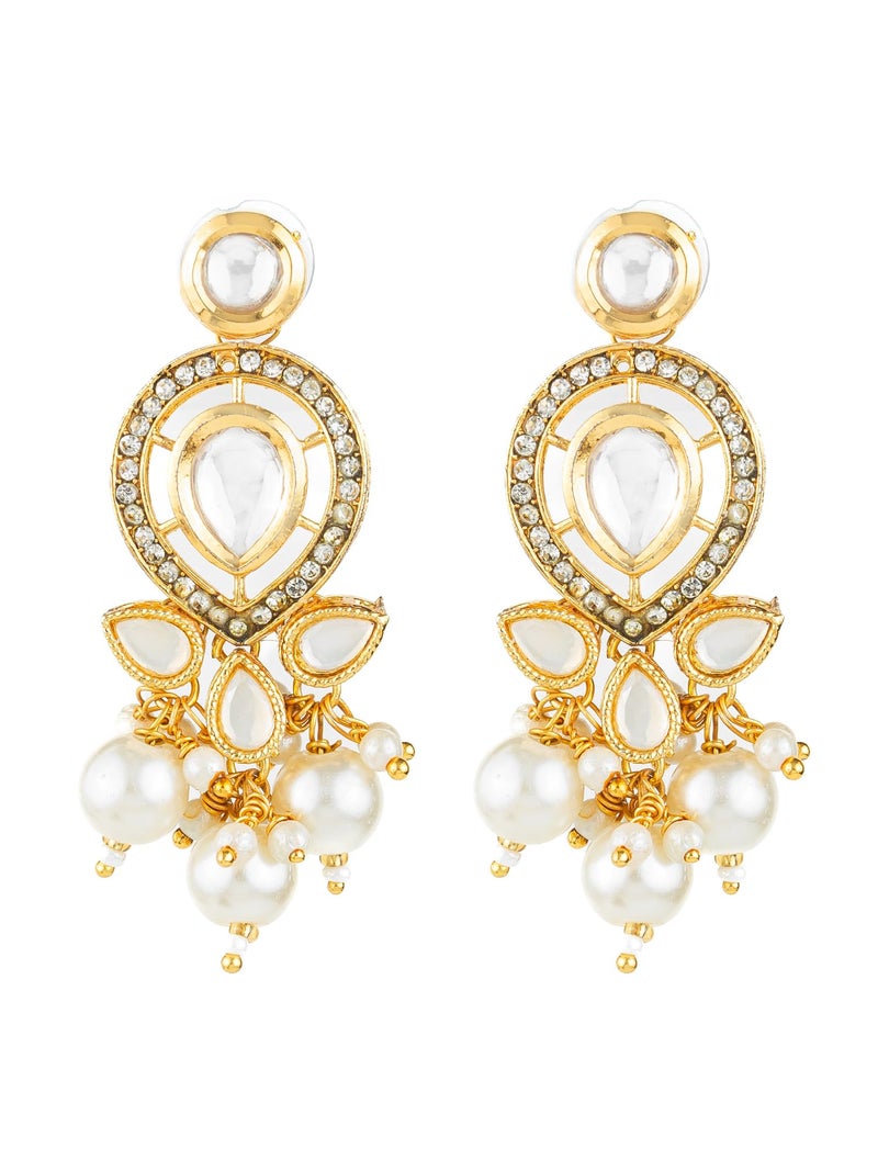 Bevogue Traditional Kundan Pearl Drop Earrings | Gold Plated Ethnic Chandbali Earrings for Women and Girls | White Stone & Pearl Dangler Jewellery | Lightweight Brass Stud Earrings (ER4123) - Image 1