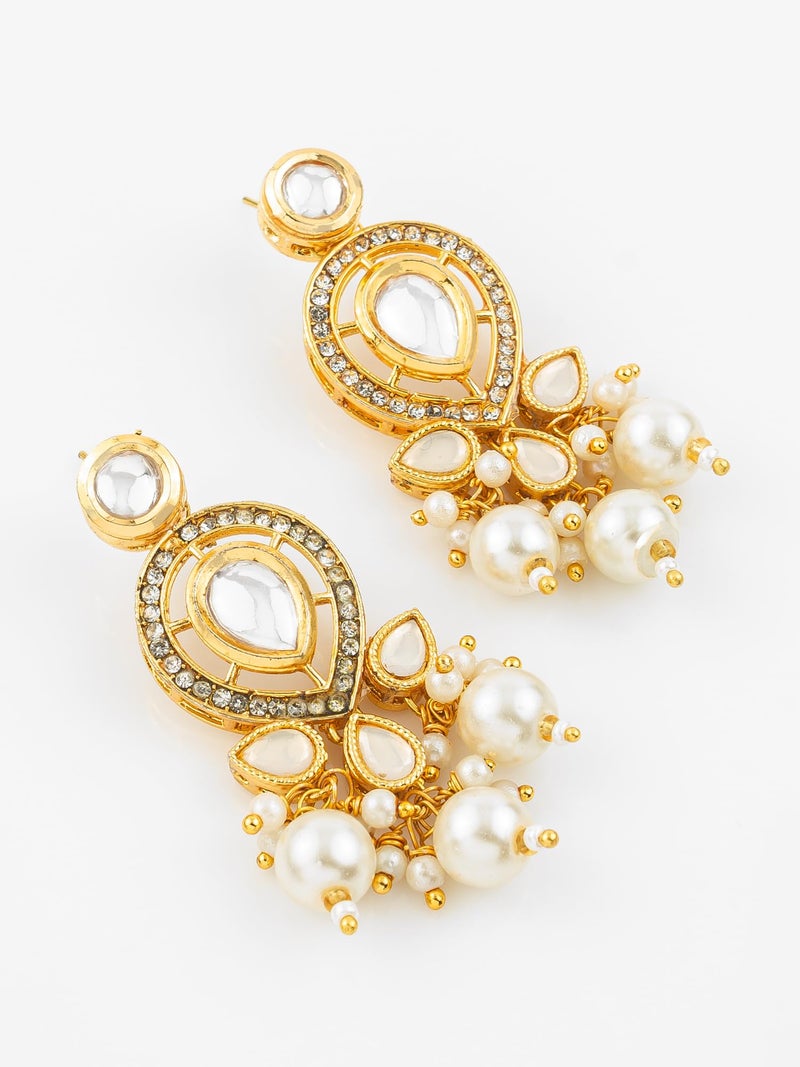 Bevogue Traditional Kundan Pearl Drop Earrings | Gold Plated Ethnic Chandbali Earrings for Women and Girls | White Stone & Pearl Dangler Jewellery | Lightweight Brass Stud Earrings (ER4123) - Image 5