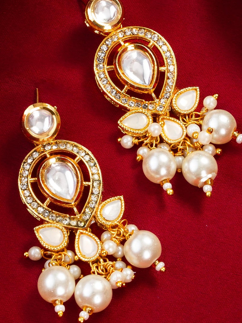Bevogue Traditional Kundan Pearl Drop Earrings | Gold Plated Ethnic Chandbali Earrings for Women and Girls | White Stone & Pearl Dangler Jewellery | Lightweight Brass Stud Earrings (ER4123) - Image 3