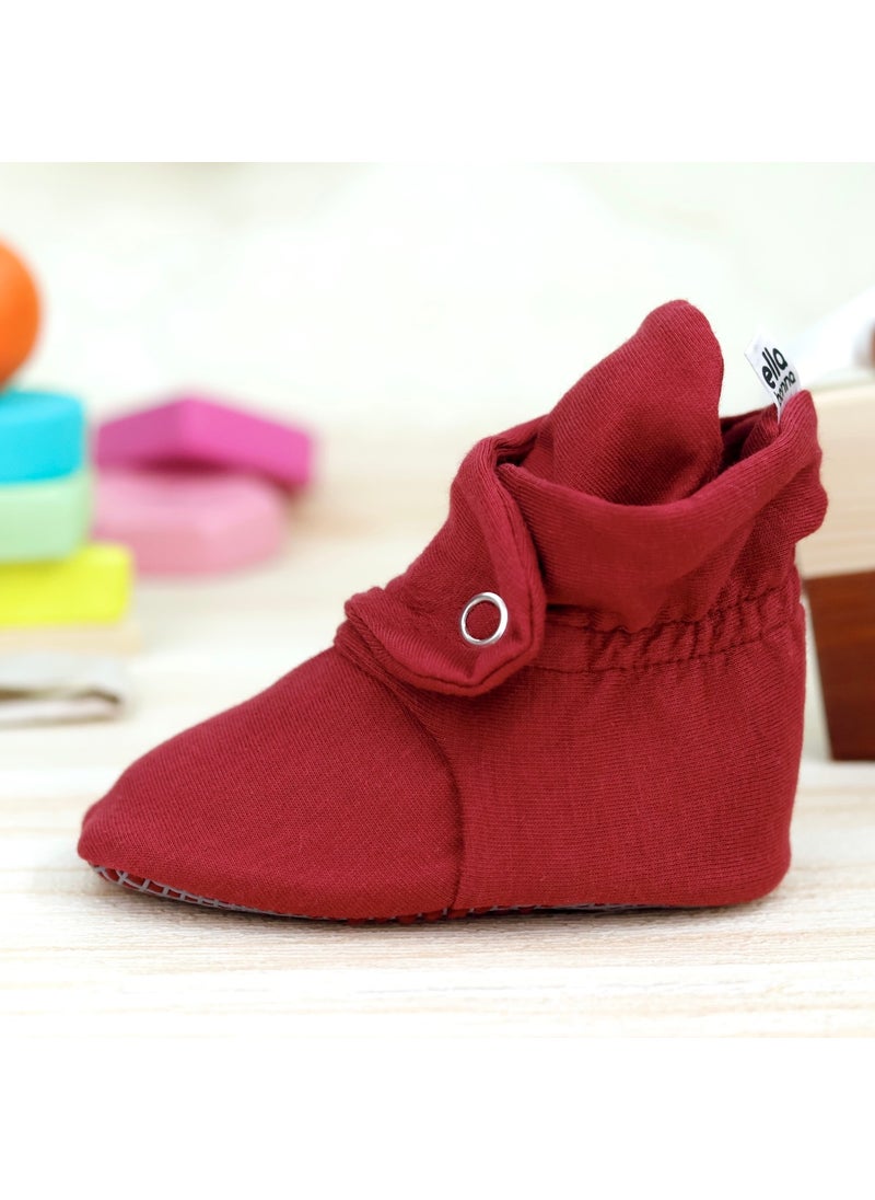 Ella Bonna - Organic Cotton Baby Slippers, Non-Slip Sole, Newborn Booties, Home Nursery Shoes, Claret Red - Image 1