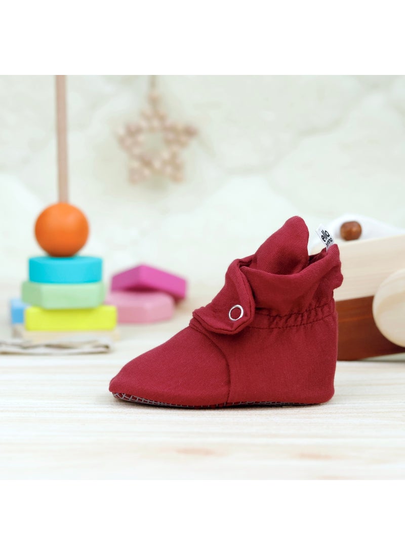 Ella Bonna - Organic Cotton Baby Slippers, Non-Slip Sole, Newborn Booties, Home Nursery Shoes, Claret Red - Image 1