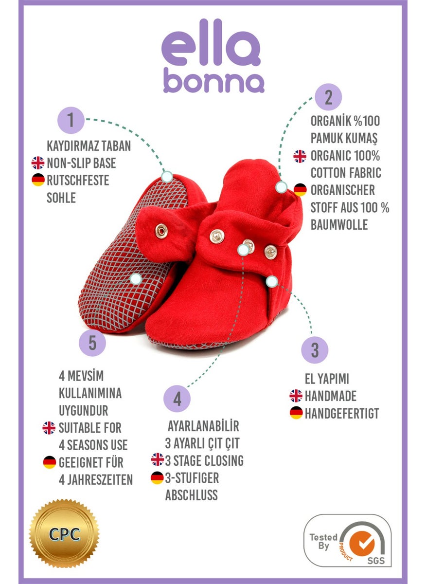 Ella Bonna - Organic Cotton Baby Slippers, Non-Slip Sole, Newborn Booties, Home Nursery Shoes, Claret Red - Image 1