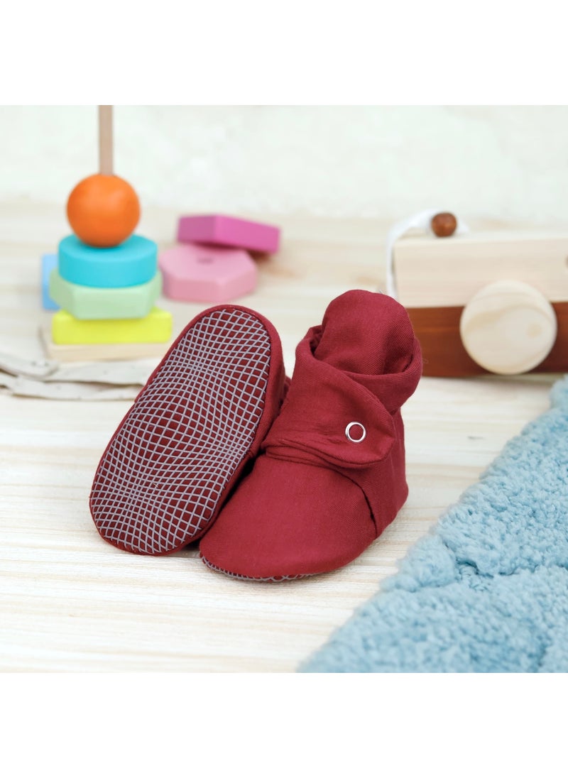 Ella Bonna - Organic Cotton Baby Slippers, Non-Slip Sole, Newborn Booties, Home Nursery Shoes, Claret Red - Image 1