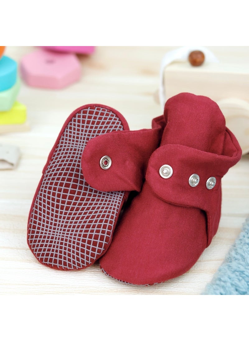 Ella Bonna - Organic Cotton Baby Slippers, Non-Slip Sole, Newborn Booties, Home Nursery Shoes, Claret Red - Image 1