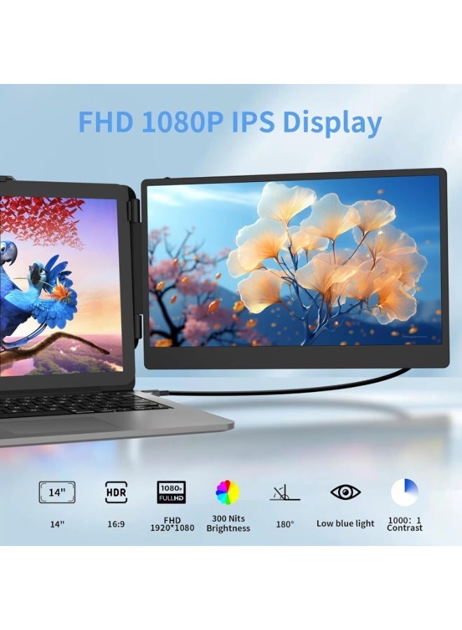 شاشة إضافية للابتوب 14 بوصة FHD 1080P، توصيل Plug & Play عبر Type-C و HDMI و USB-A، أوضاع عرض متعددة، شاشة محمولة خفيفة لأجهزة اللابتوب 13-17 بوصة، متوافقة مع Windows و Mac و Chrome - Image 2