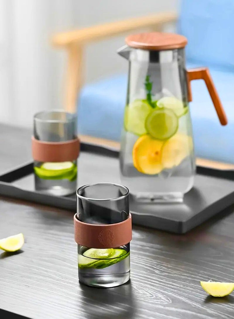 1Chase Borosilicate Glass Water Jug Set – 1400ml Smoky Grey Pitcher with Walnut Handle & Lid + 6pcs 220ml Glass Cups, Heat-Resistant Drinkware for Water, Juice & Beverages - Image 3