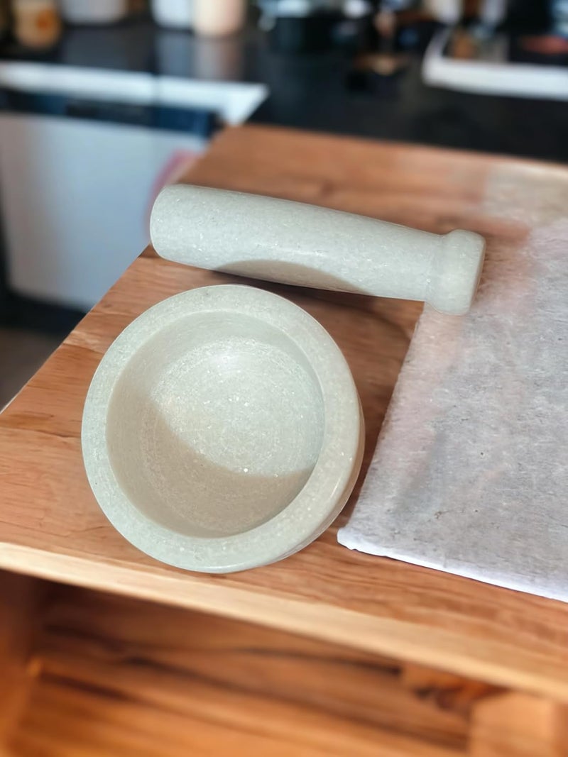 Krishna Products Krishna Products White Marble Mortar and Pestle Set as Kharal Silbatta Khalbatta Marble MasherMarble KalluMusalSpice Mixer For Homeidi Kallu White marble mortar and pestle setstone  - Image 2
