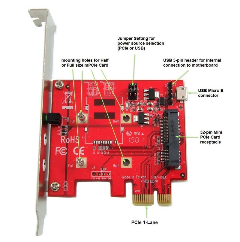 Ableconn PEX-MP117 Mini PCI-E to PCI-E Adapter Card - Mini PCIe to PCIe Adapter - mPCIe to PCIe - Ideal for Wireless Mini PCI Express Card, TAA - Image 2