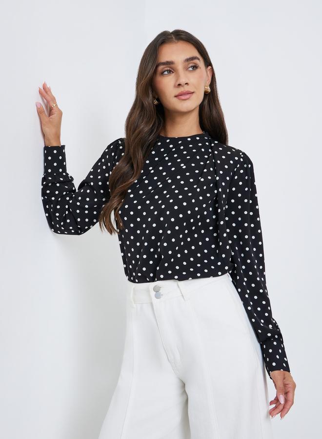 ستايلي بلوزة بكسرات مطبعة بنقاط بولكا مع أكمام طويلة - Image 1