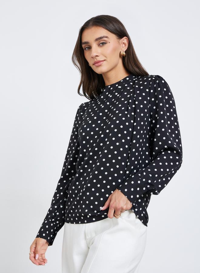 ستايلي بلوزة بكسرات مطبعة بنقاط بولكا مع أكمام طويلة - Image 3