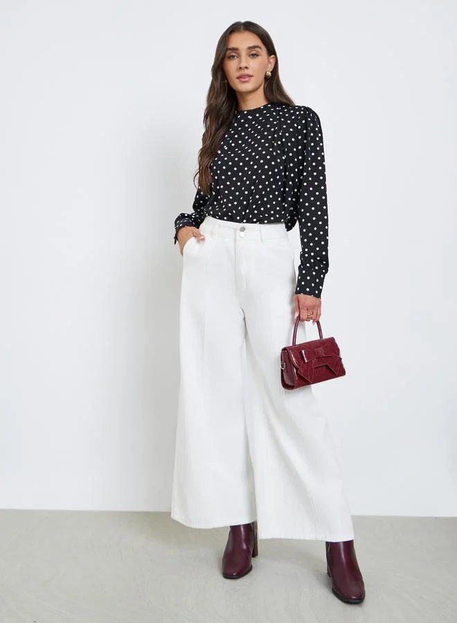 ستايلي بلوزة بكسرات مطبعة بنقاط بولكا مع أكمام طويلة