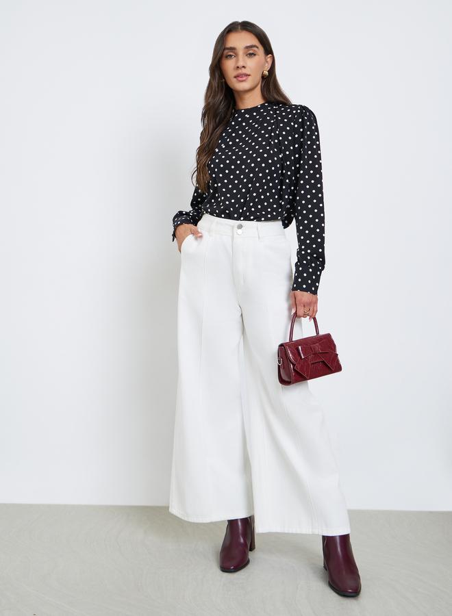 ستايلي بلوزة بكسرات مطبعة بنقاط بولكا مع أكمام طويلة - Image 2