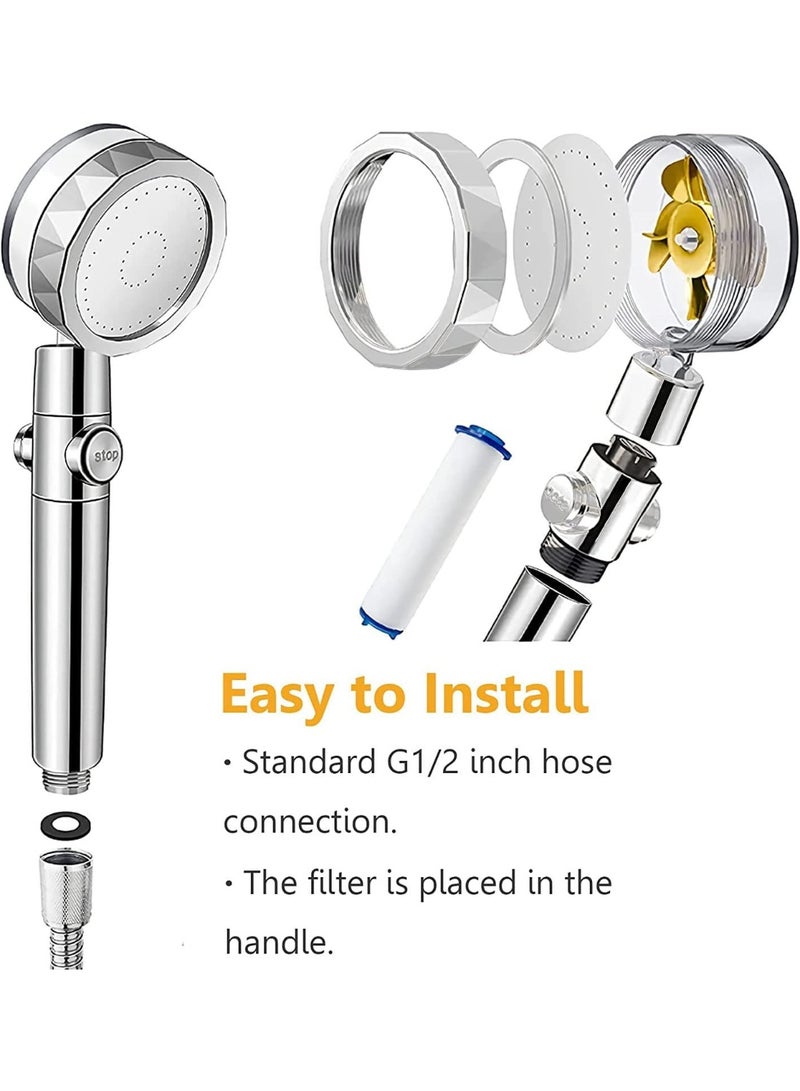 High-Pressure Turbocharged Shower Head with Filtration System - 360° Rotating Handheld Water-Saving Showerhead - Includes 3 Replaceable PP Cotton Filters for Chlorine Removal & Skin Protection (Silver/Blue) - Image 2