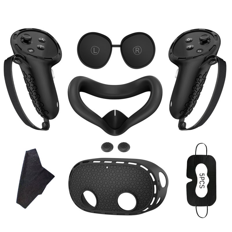 VR Headset Accessory Set: 5-In-1 Soft Silicone Full Protection Kit - Anti-Slip Adjustable Controller Grips Face Cover Lens Shield for Meta Quest 3S & Quest 3 VR Gaming Enthusiasts - Image 1