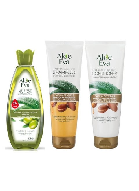 Aloe Eva Strengthening Hair Shampoo 230ml + Conditioner with Aloe Vera and Moroccan Argan Oil Green 230ml + oil with aloe vera extract and olive oil 255ML