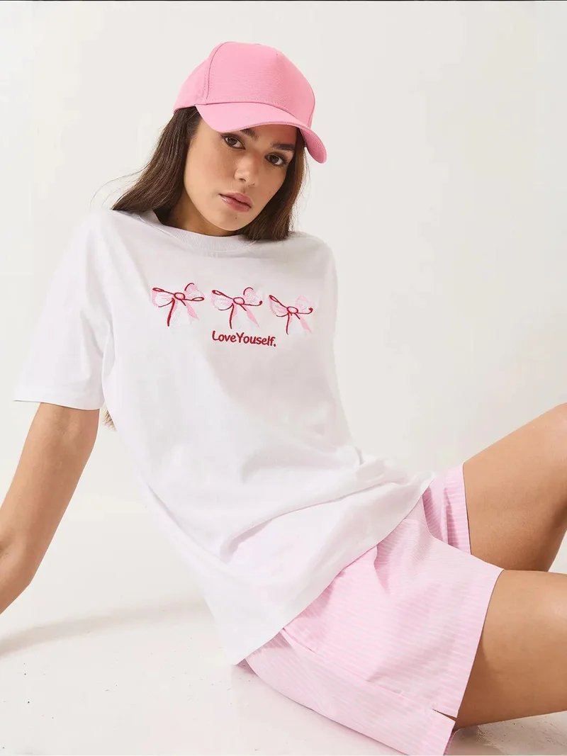 Bianco Lucci LUCCI Embroidered Cotton Crew Neck T-Shirt