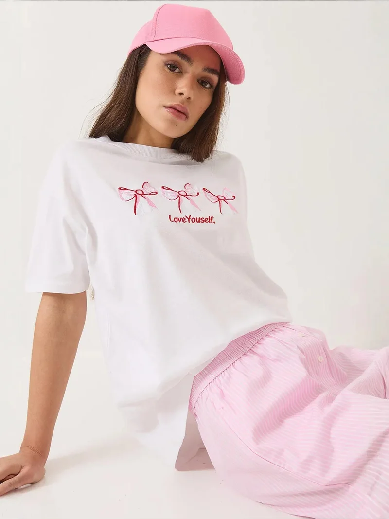 Bianco Lucci LUCCI Embroidered Cotton Crew Neck T-Shirt