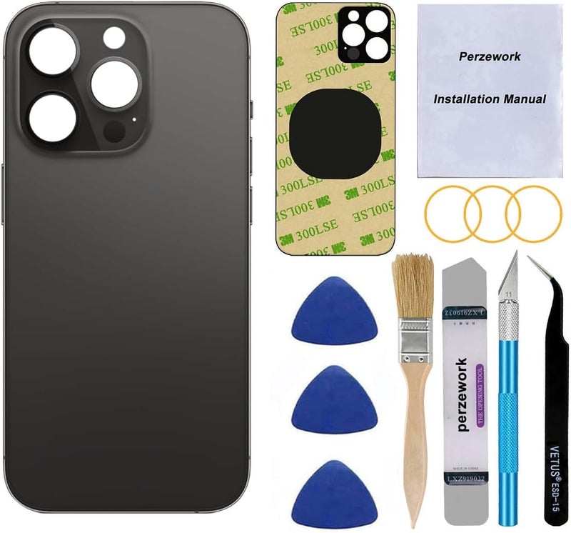 Perzework OEM Rear Back Glass Replacement for iPhone 14 Pro 6.1 inches with Reparing Toolkit and Pre-Installed Adhesive (Space Black) - Image 1