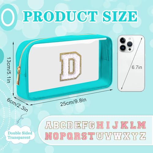 Iqimott Small Clear Personalized Initial Makeup BagNylon Preppy AZ Chenille Letter Patch Cosmetic Pouch Beach Toiletry BagWaterproof Zipper Travel Purse Storage Bag Organizer for Women GirlsCyanWhite D - Image 3
