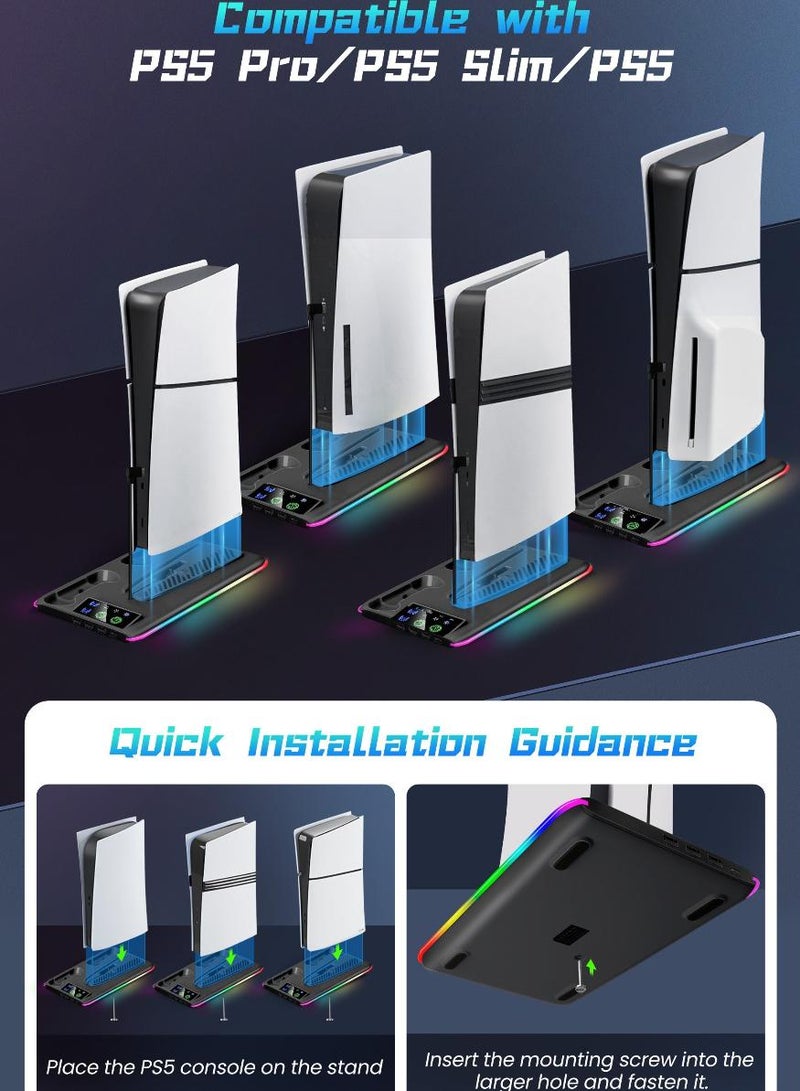 فوميمو حامل PS5 ومحطة تبريد مع محطة شحن مزدوجة لوحدة التحكم، بما في ذلك شاحن وحدة التحكم، ومروحة تبريد، وإضاءة LED RGB، وموزع USB (لـ PS5/PS5 Slim/PS5 Pro) باللون الأسود - Image 3