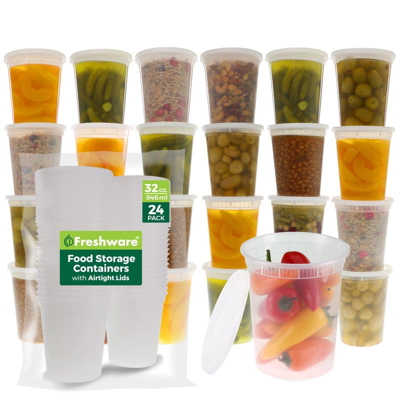 Freshware Food Storage Containers [24 Set] 32 oz Plastic Deli Containers with Lids, Slime, Soup, Meal Prep Containers | BPA Free | Stackable | Leakproof | Microwave/Dishwasher/Freezer Safe - Image 1