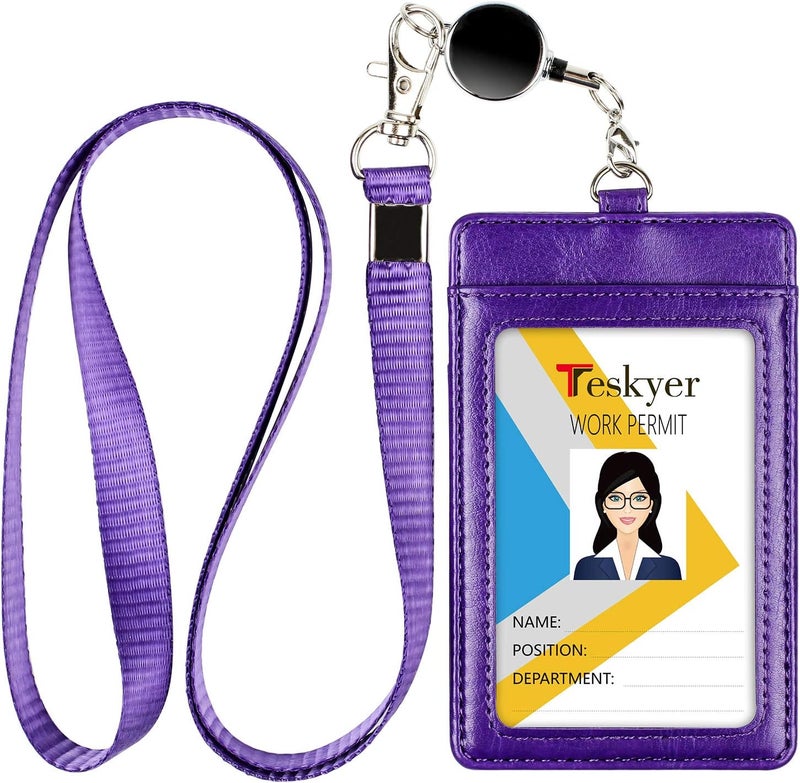 Teskyer Leather Badge Holder with Lanyard and Badge Reel, Retractable Lanyard ID Card Holder for Office School Name Work IDs, Purple - Image 1