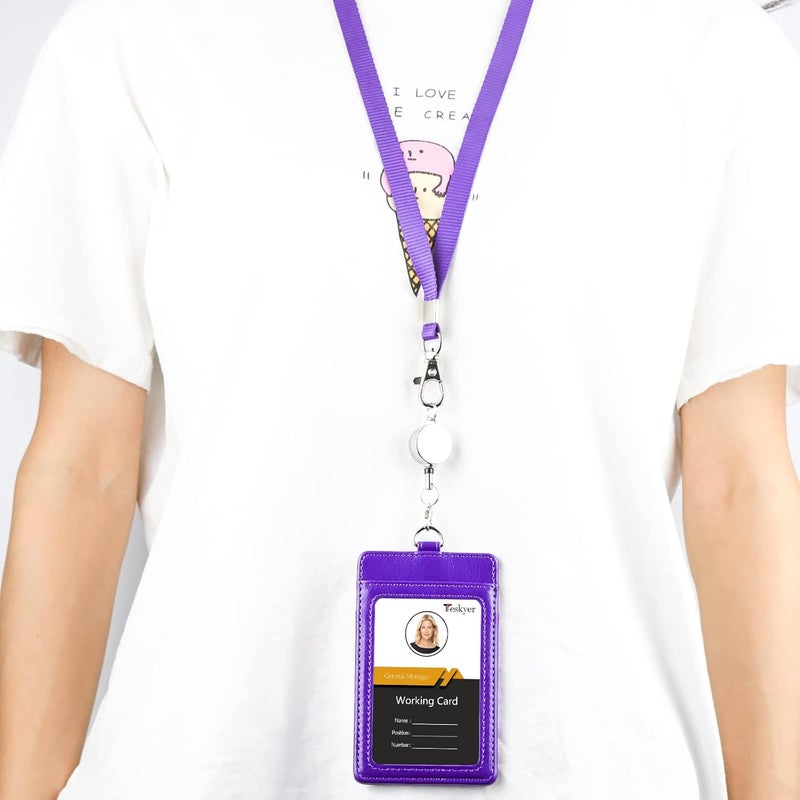 Teskyer Leather Badge Holder with Lanyard and Badge Reel, Retractable Lanyard ID Card Holder for Office School Name Work IDs, Purple - Image 2