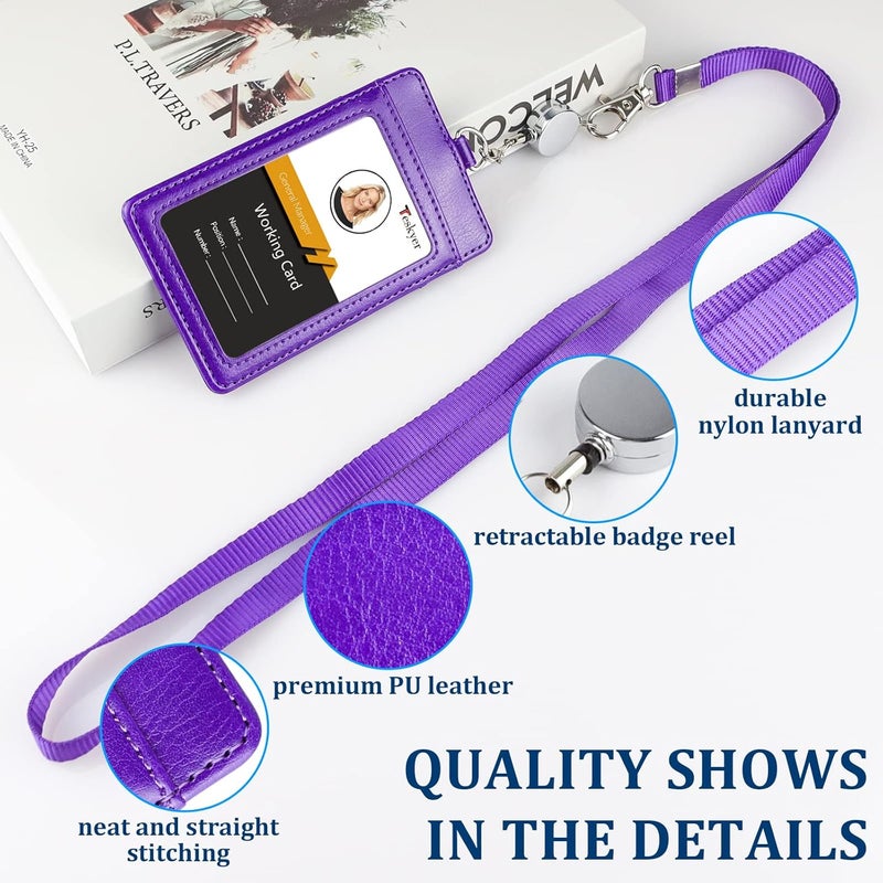 Teskyer Leather Badge Holder with Lanyard and Badge Reel, Retractable Lanyard ID Card Holder for Office School Name Work IDs, Purple - Image 3