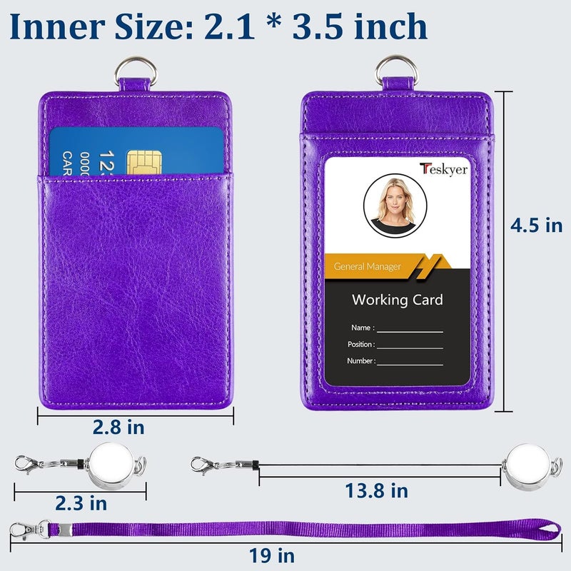 Teskyer Leather Badge Holder with Lanyard and Badge Reel, Retractable Lanyard ID Card Holder for Office School Name Work IDs, Purple - Image 4