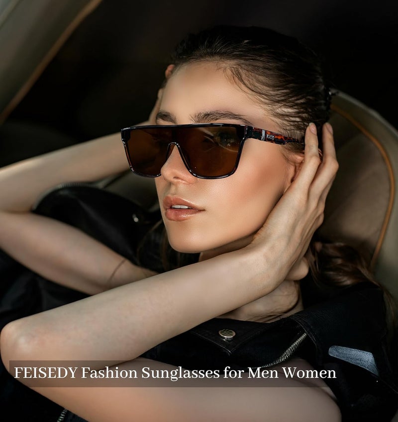 FEISEDY Fashion Flat Top Sunglasses Trendy Oversized Square Shades Women Men UV400 B2996 - Image 2