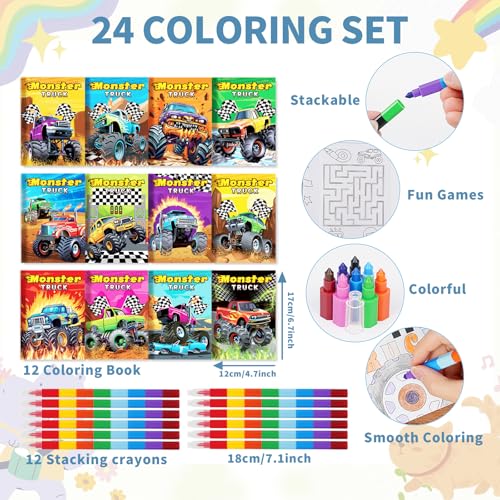 BenLouis 12 Monster Truck Mini Coloring Books Kids with 12 Stacking Crayons Car wheels Party Favors Small Activity Books Bulk for Kids Monster Truck Party Gift Goodie Bag Stuffers - Image 5