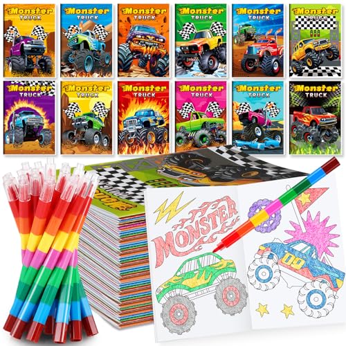 BenLouis 12 Monster Truck Mini Coloring Books Kids with 12 Stacking Crayons Car wheels Party Favors Small Activity Books Bulk for Kids Monster Truck Party Gift Goodie Bag Stuffers - Image 1