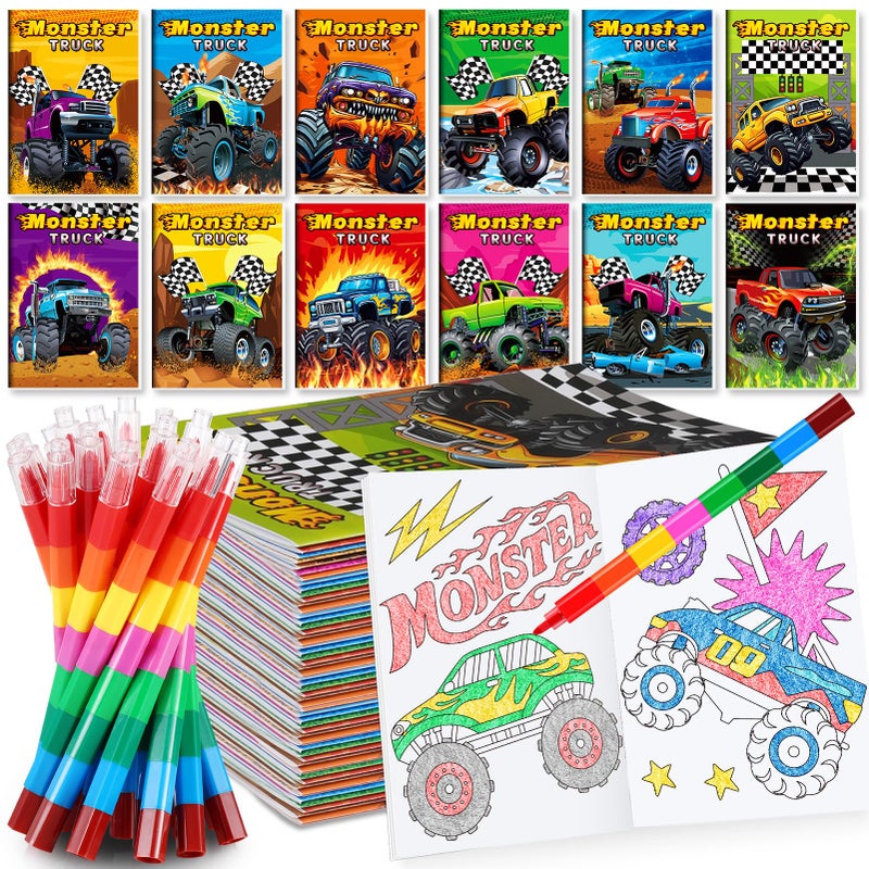 BenLouis 12 Monster Truck Mini Coloring Books Kids with 12 Stacking Crayons Car wheels Party Favors Small Activity Books Bulk for Kids Monster Truck Party Gift Goodie Bag Stuffers - Image 3
